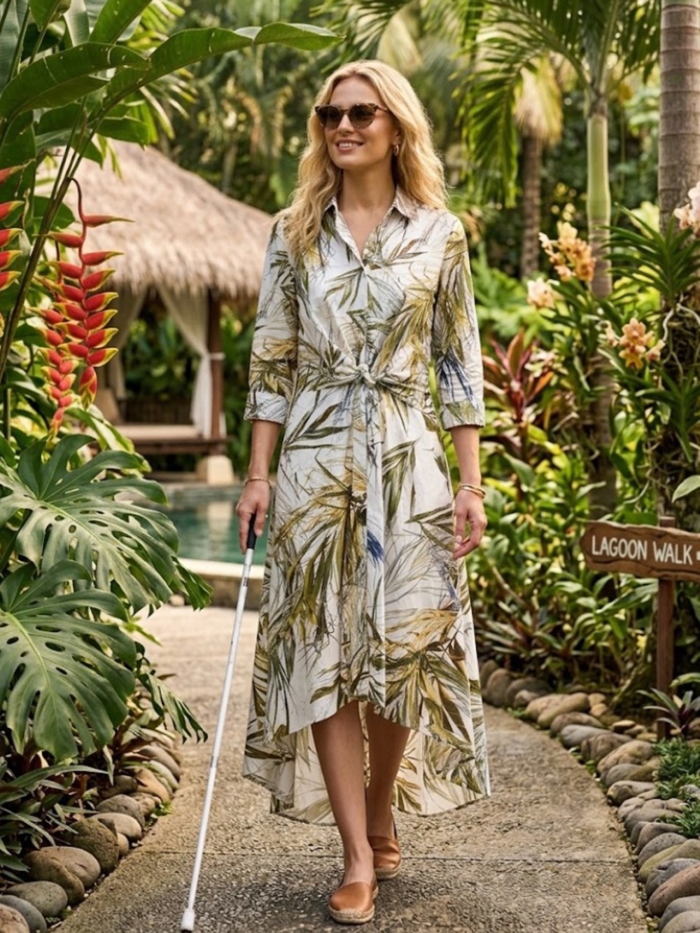 Sara Roka Dralla Palm Print tie waist hi low hem Shirt Dress 38